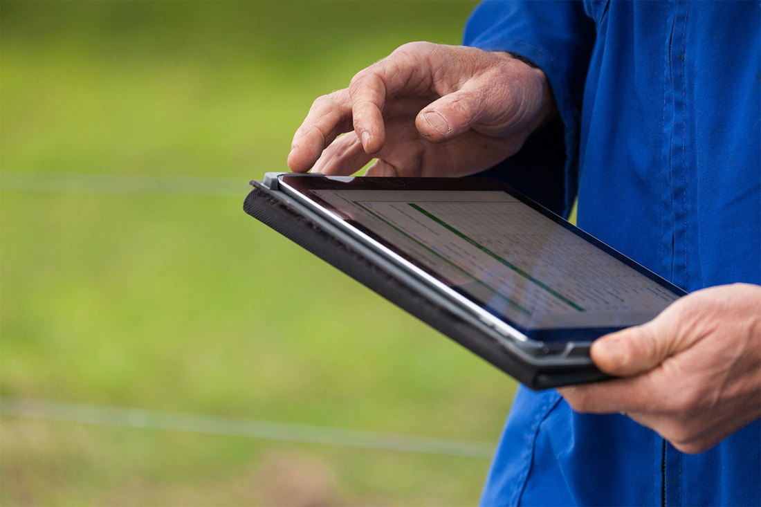 A close up of a dairy farmer in overalls holding an iPad.