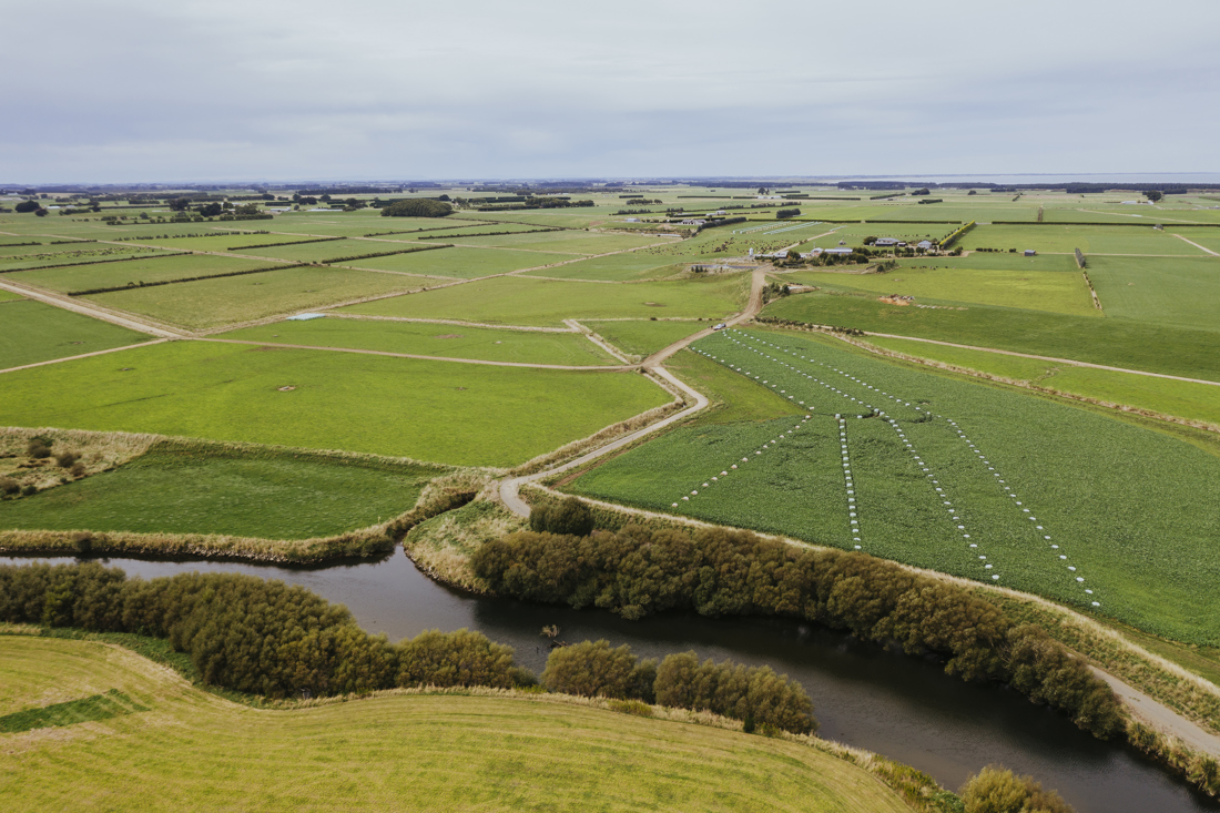 An aerial shot of a diary farm