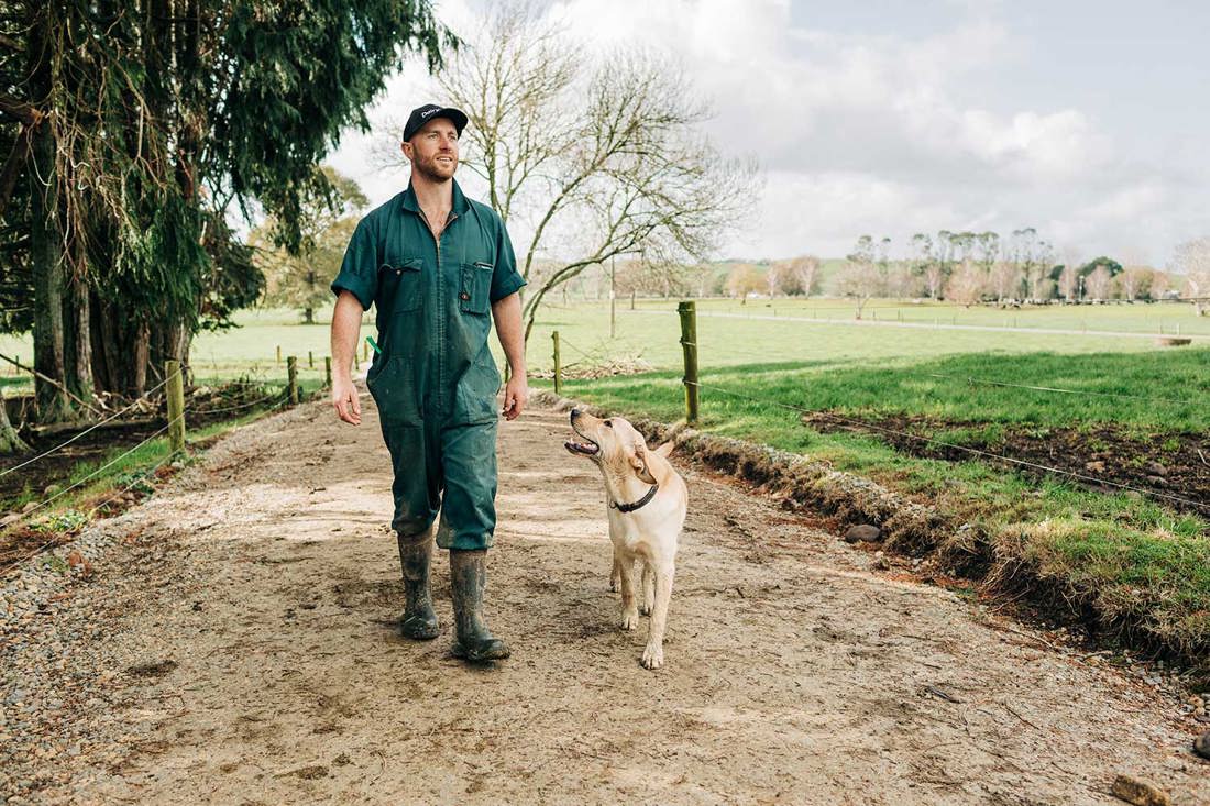 A dairy farmer walking with his farm dog along a farm track