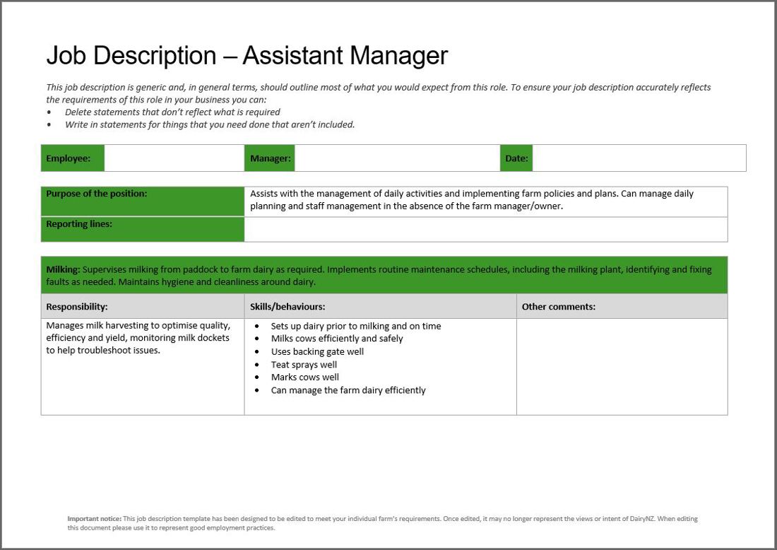 Job Description Template Assistant Manager Image