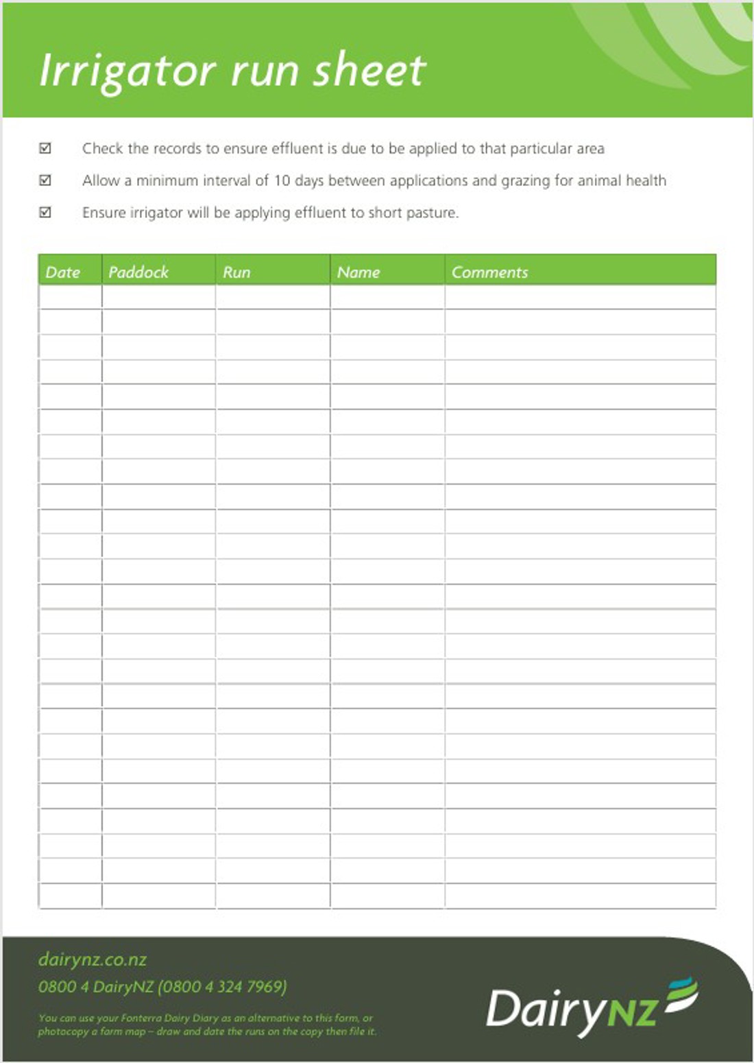 Effluent Irrigator Run Sheet Cover Image