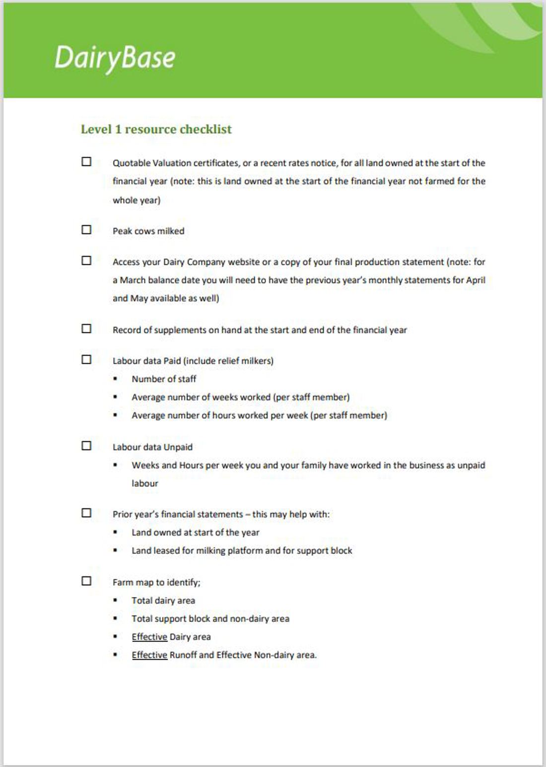 Dairybase Resource Checklist Level 1 Image