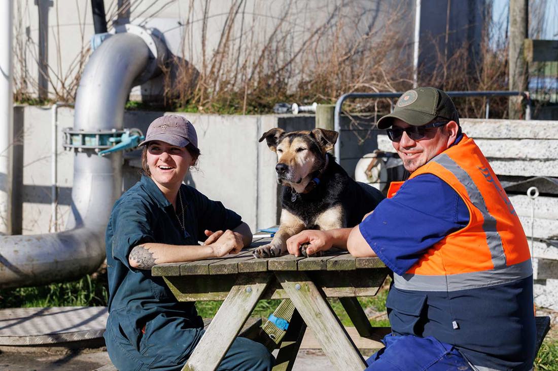 Dairy farm workers sitting at an outdoor table enjoying a break with the farm dog