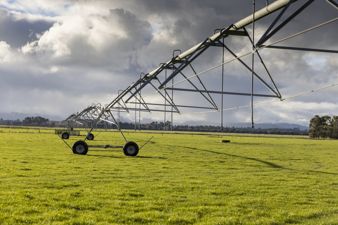 Open field with water sprinklers