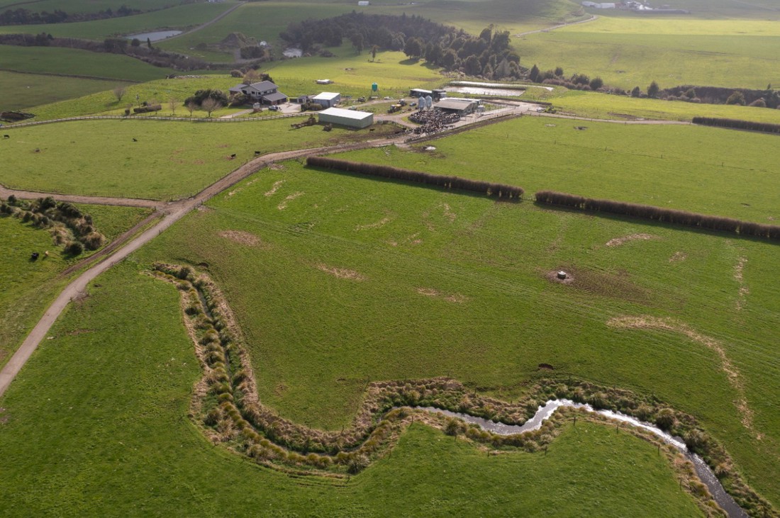 Aerial view of a New Zealand dairy farm