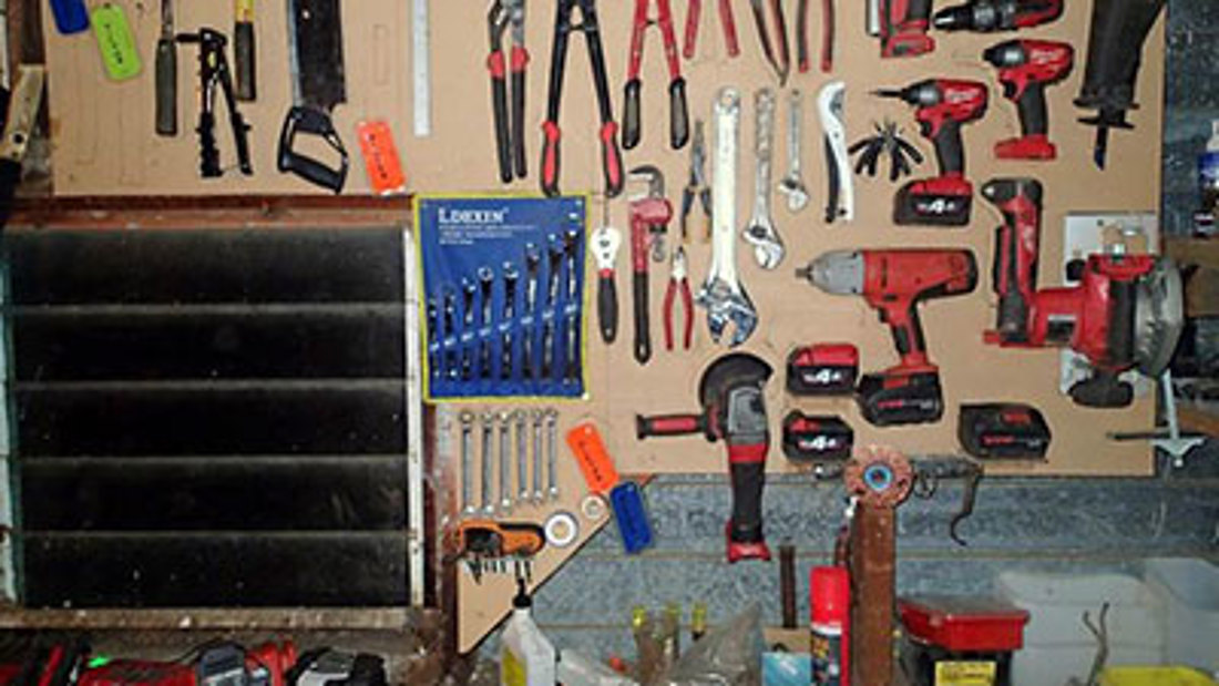 A farm tool workbench after being organised using the Workplace Efficiency Booster