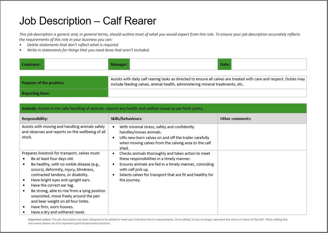 Job Description Template Calf Rearer Image
