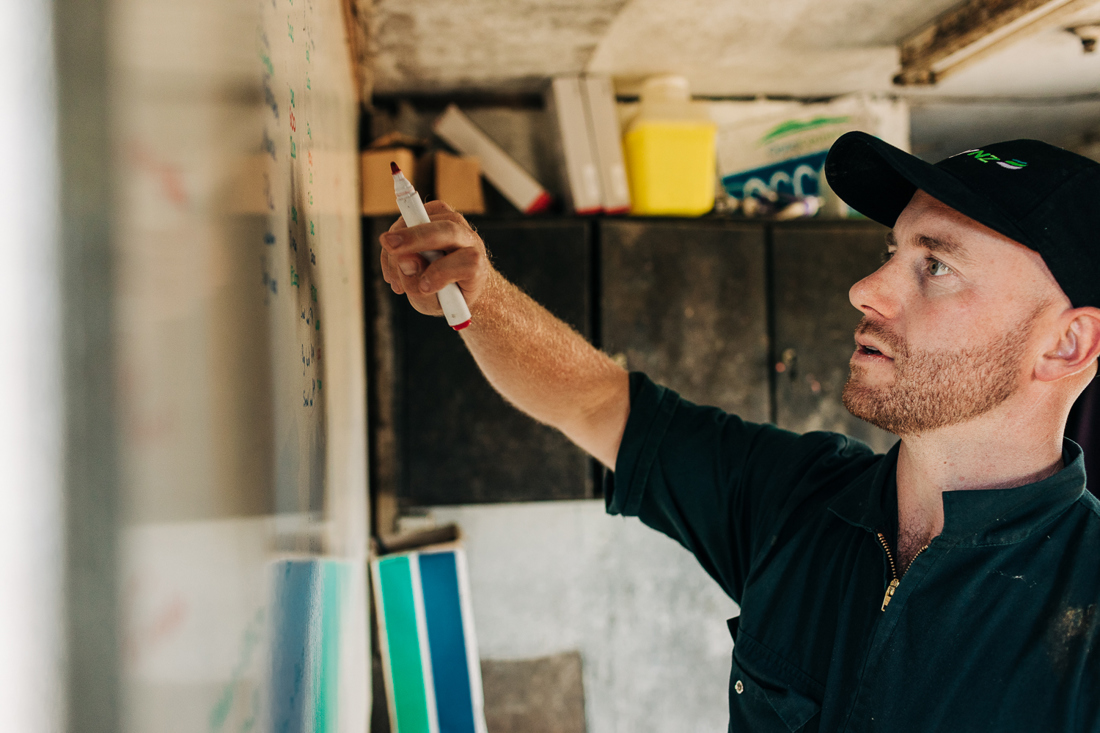 A dairy farmer using a kanban board to manage workflow on the farm