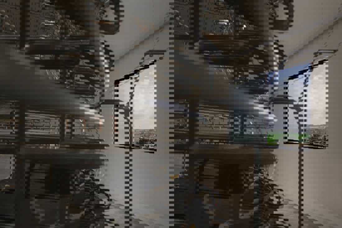 Abstract image of the inside of a rotary milking platform on a dairy farm