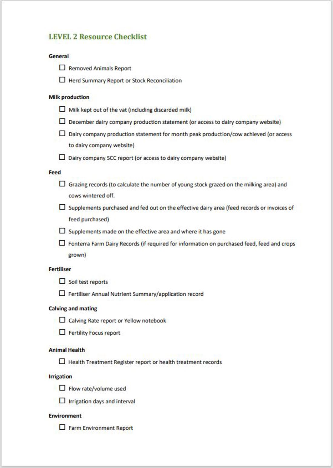 Dairybase Resource Checklist Level 2 Image