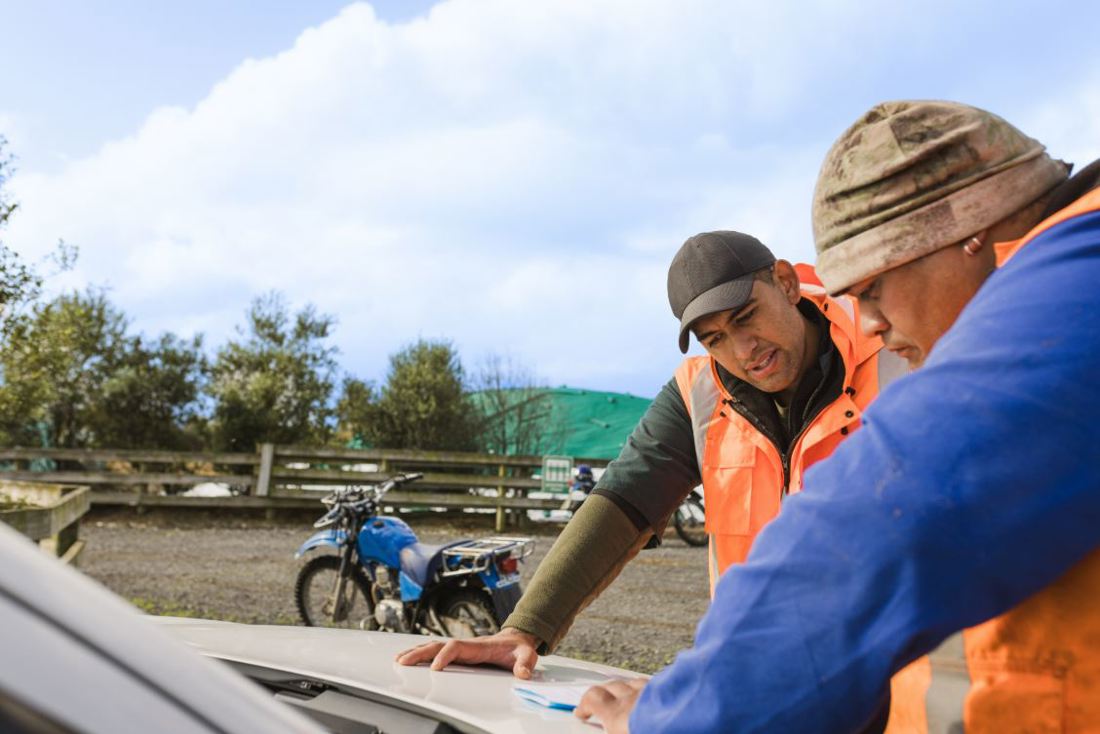 Two dairy farmers looking at a reference sheet on the hood of a car with a farm motorbike in the background.