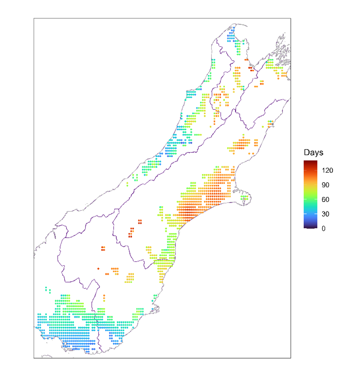 Average number of days a year that dairy cows are at risk of heat stress across New Zealand - North Island