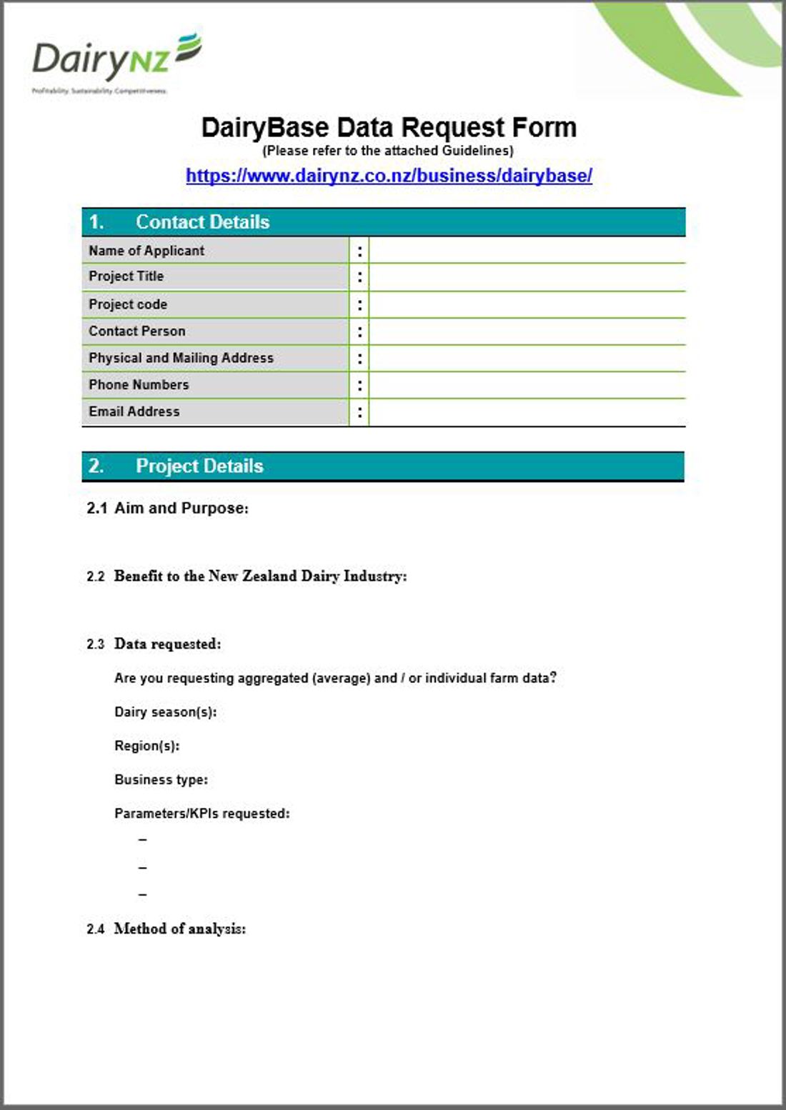 Dairybase Data Request Form Image